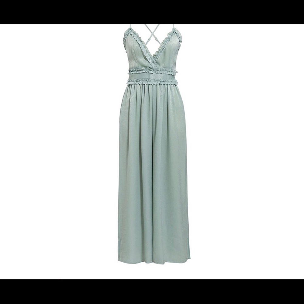 Chic Wide leg pants green ruffled jumpsuit summer - Picture 5 of 6